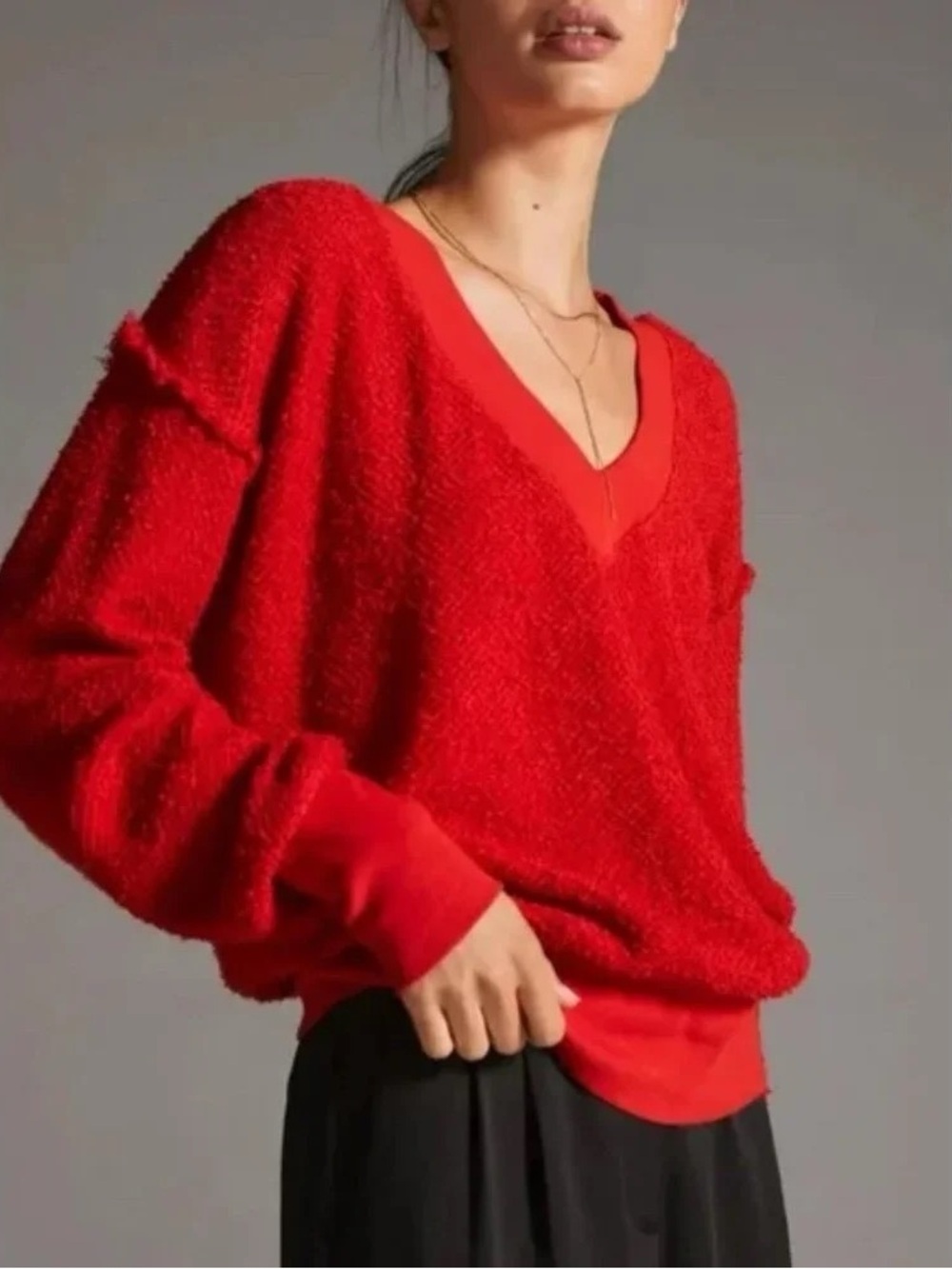 Anthropologie textured Red V-Neck Cozy Knit Sweater